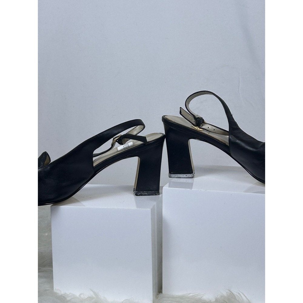 Westies Black Leather Horsebit Slingback Heels Square Toe Lizard Embossed 8.5M - Picture 3 of 5